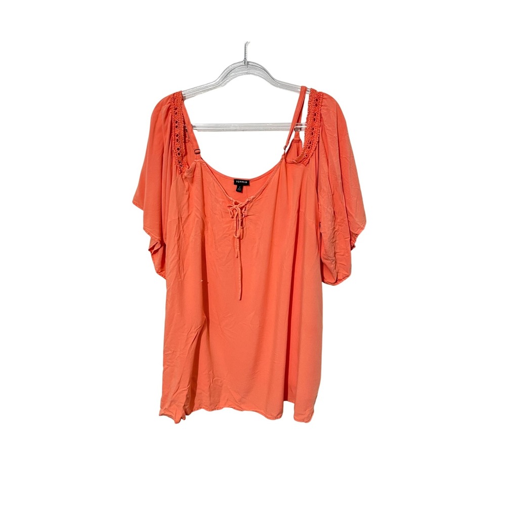 Torrid Cold Shoulder Top Womens 4 4X Coral Crochet Lace Up Challis 17615011